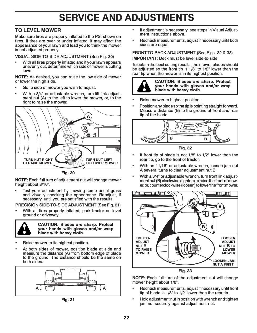 Husqvarna YTH2648TDRF owner manual To Level Mower, Service And Adjustments 