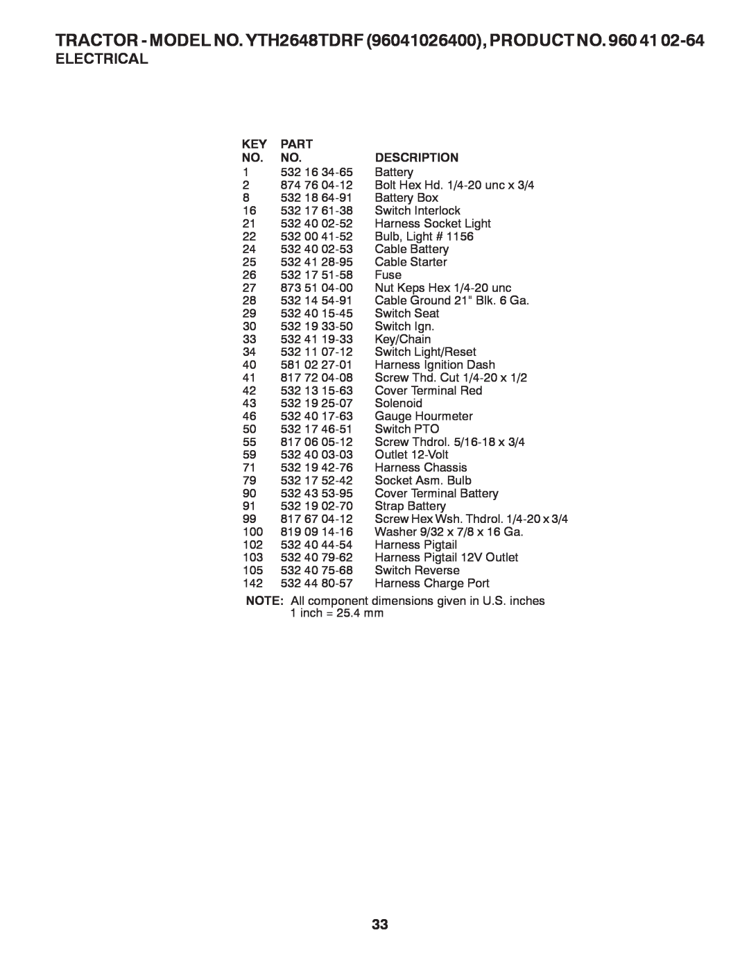 Husqvarna owner manual TRACTOR - MODEL NO. YTH2648TDRF 96041026400, PRODUCT NO. 960 41, Electrical, Part, Description 