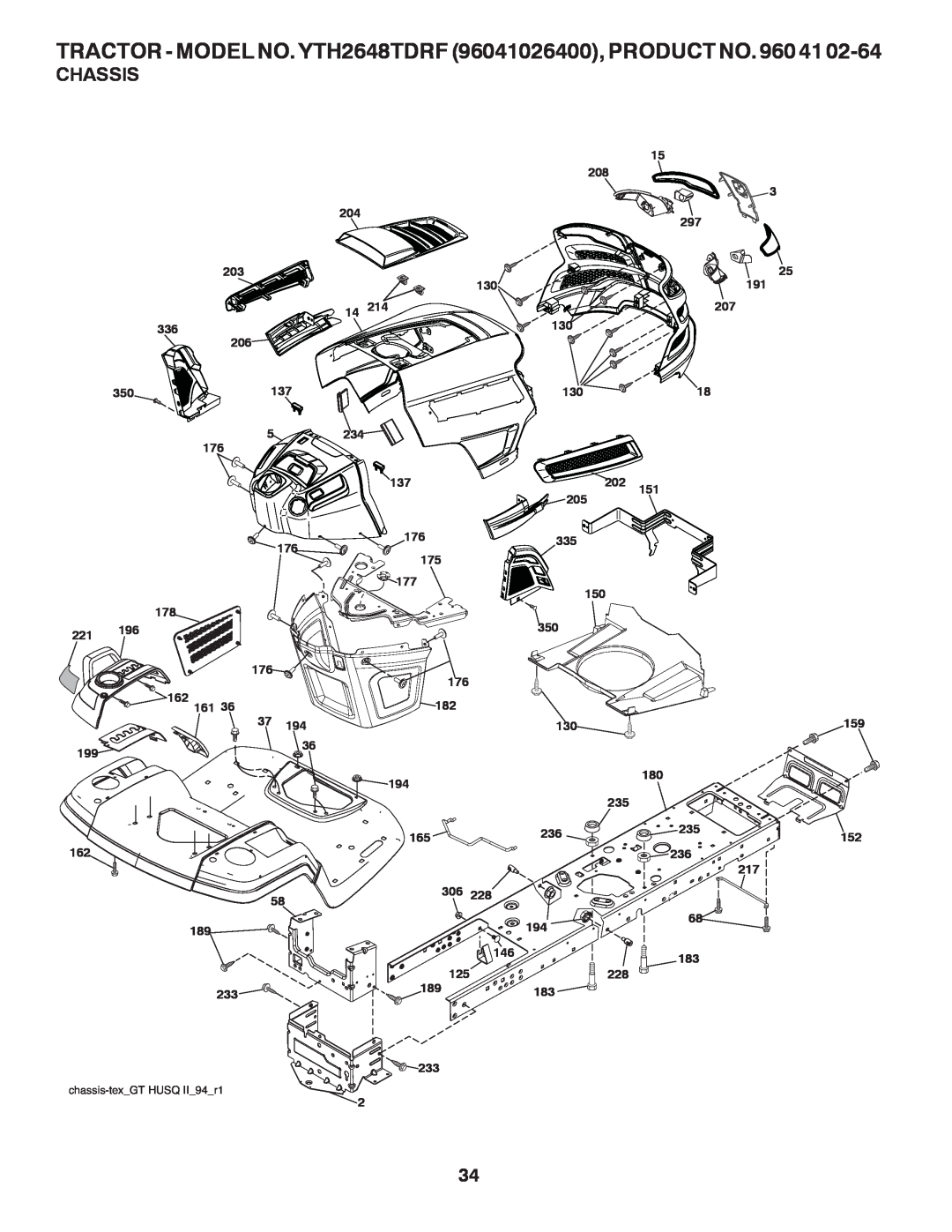 Husqvarna Chassis, TRACTOR - MODEL NO. YTH2648TDRF 96041026400, PRODUCT NO. 960 41, chassis-texGT HUSQ II94r1 