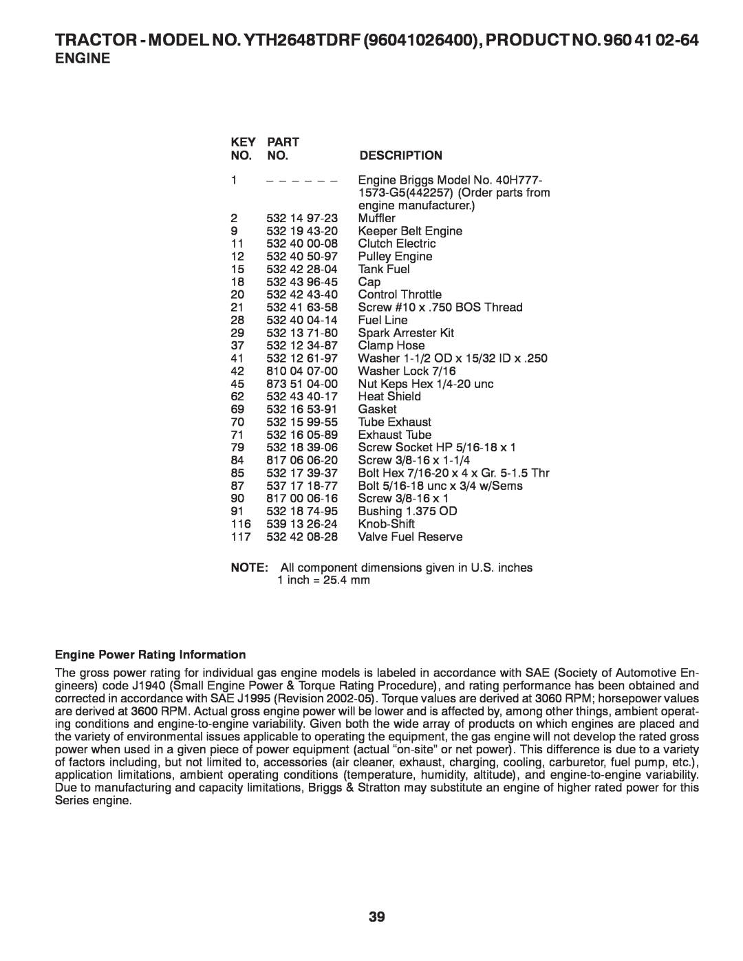 Husqvarna owner manual TRACTOR - MODEL NO. YTH2648TDRF 96041026400, PRODUCT NO. 960, Engine, Part, Description 