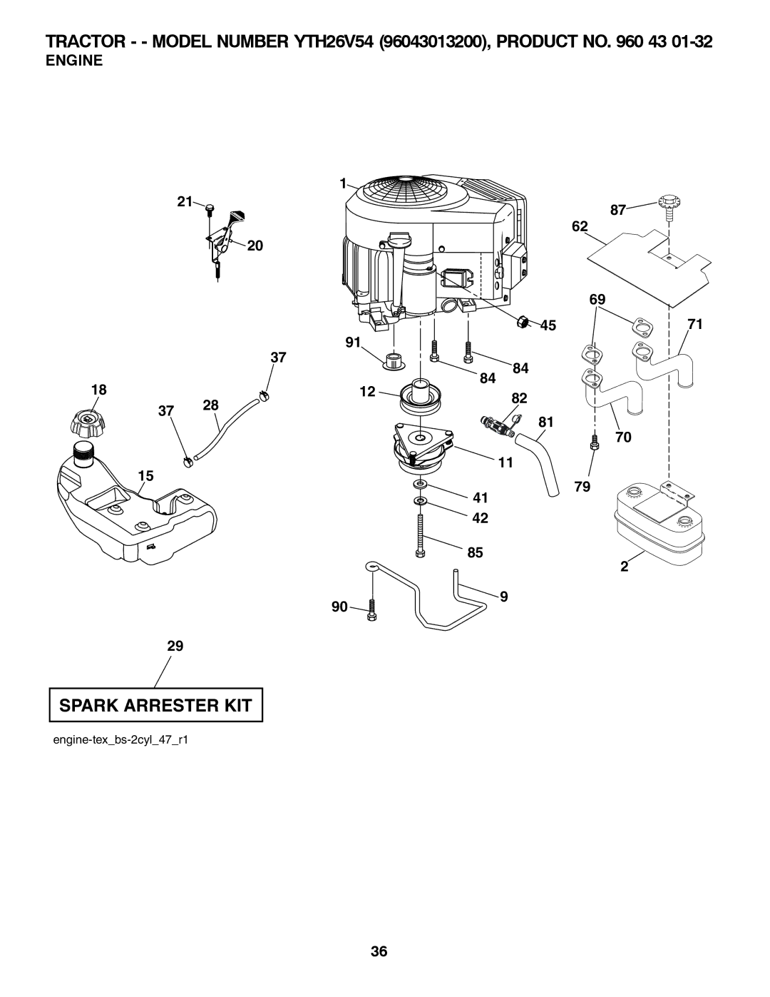 Husqvarna YTH26V54 owner manual Spark Arrester KIT, Engine 