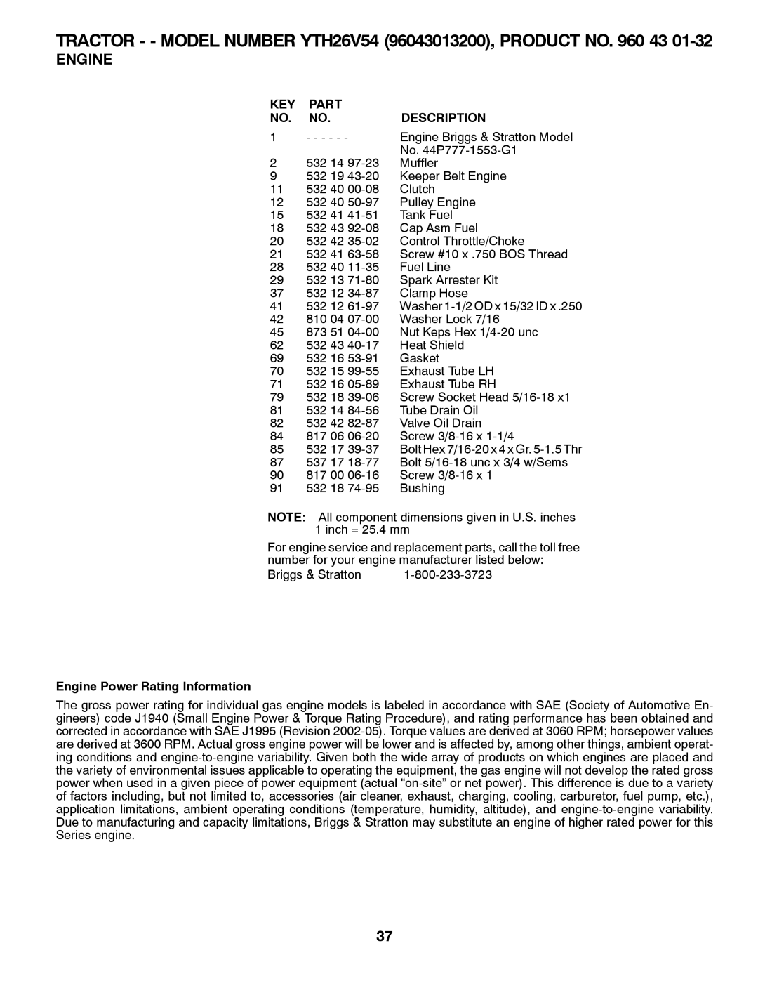 Husqvarna YTH26V54 owner manual Engine Power Rating Information 