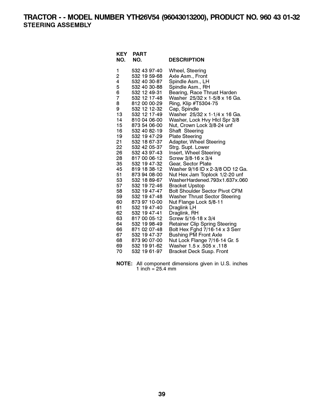 Husqvarna YTH26V54 owner manual 532 43 Wheel, Steering 532 19 