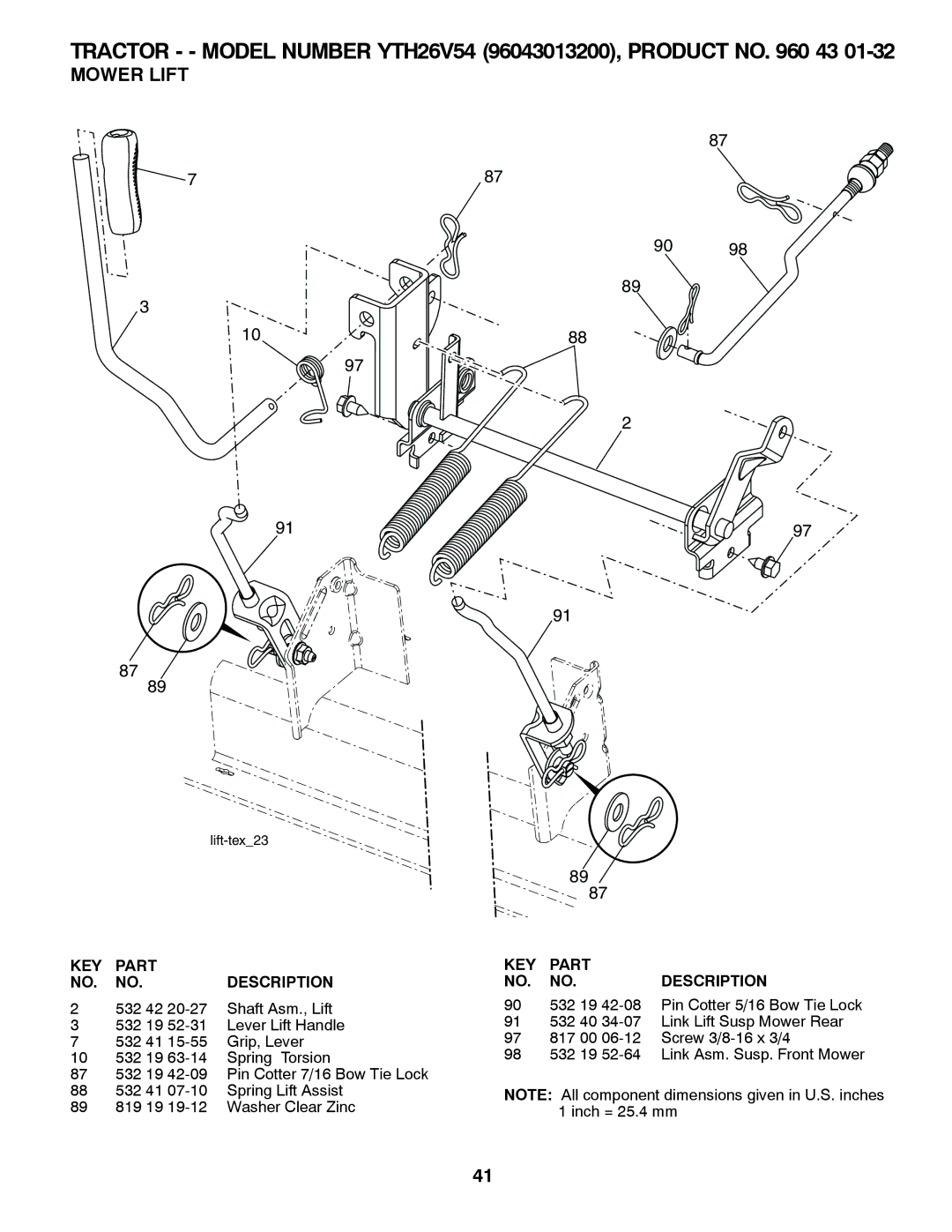 Husqvarna YTH26V54 owner manual Mower Lift 