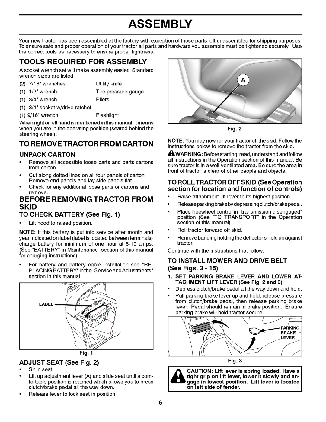 Husqvarna YTH26V54 Tools Required for Assembly, Toremovetractorfromcarton, Before Removing Tractor from Skid 