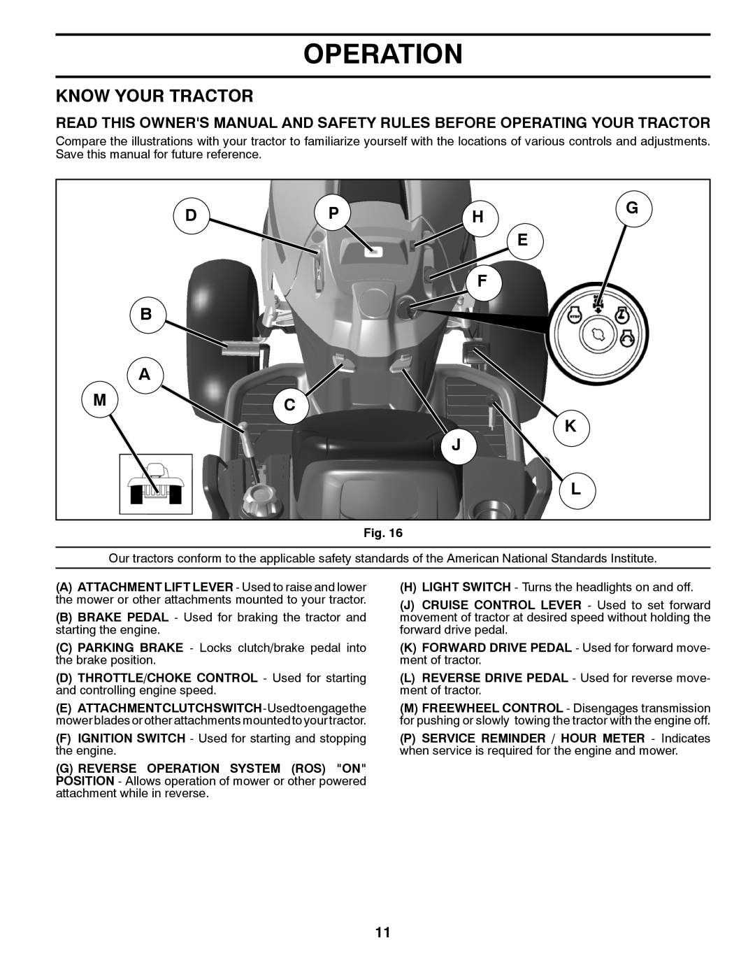 Husqvarna YTH26V54 owner manual Operation, Know Your Tractor, Dph F B, A M C 