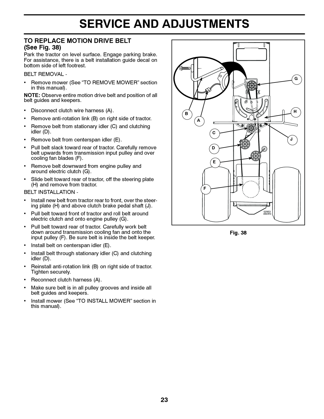 Husqvarna YTH26V54 owner manual Service And Adjustments, TO REPLACE MOTION DRIVE BELT See Fig 