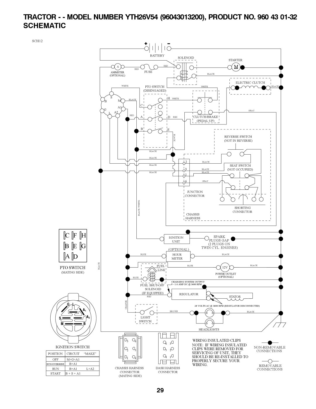 Husqvarna Schematic, TRACTOR - - MODEL NUMBER YTH26V54 96043013200, PRODUCT NO, C F H B E G A D, Pto Switch, SCH12 