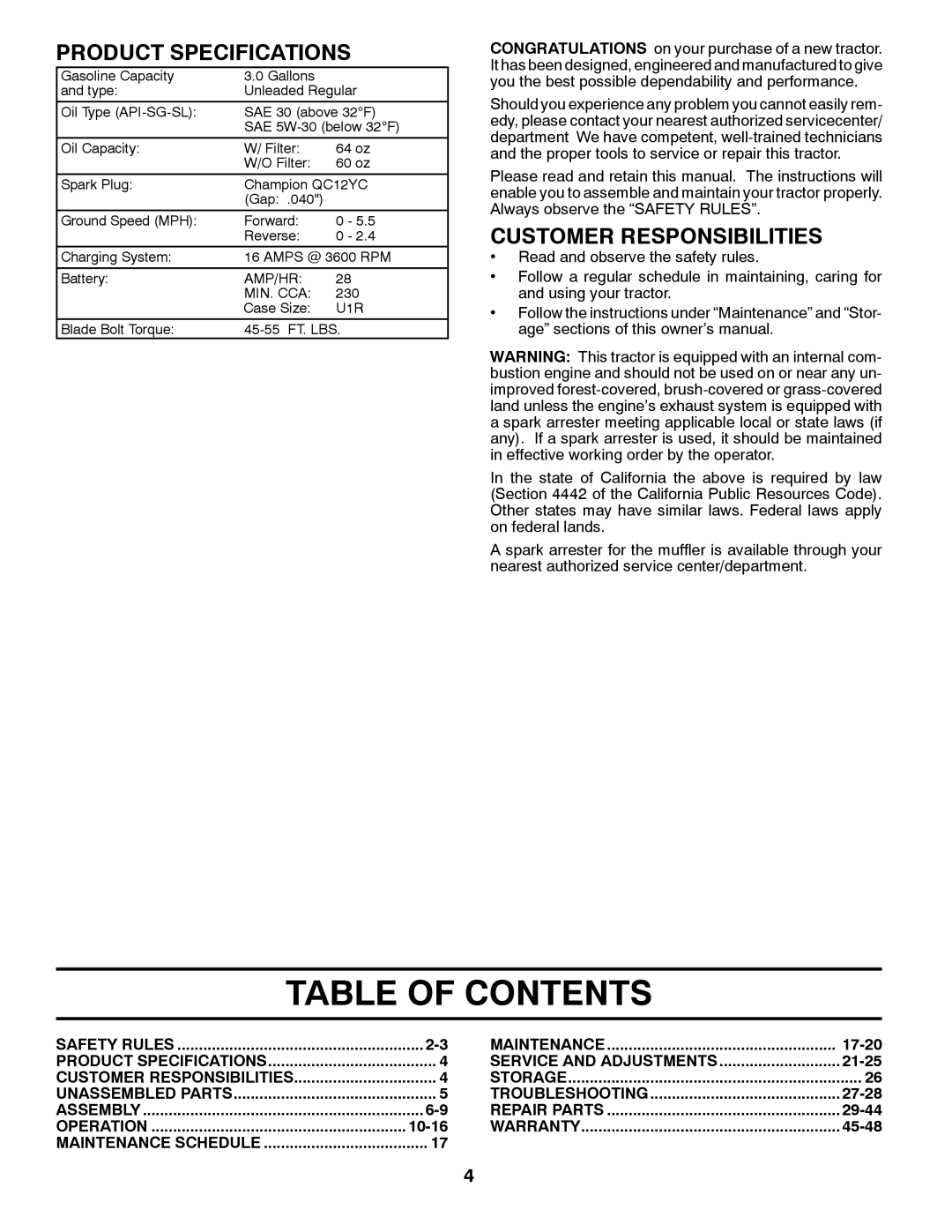 Husqvarna YTH26V54 owner manual Table Of Contents, Product Specifications, Customer Responsibilities 