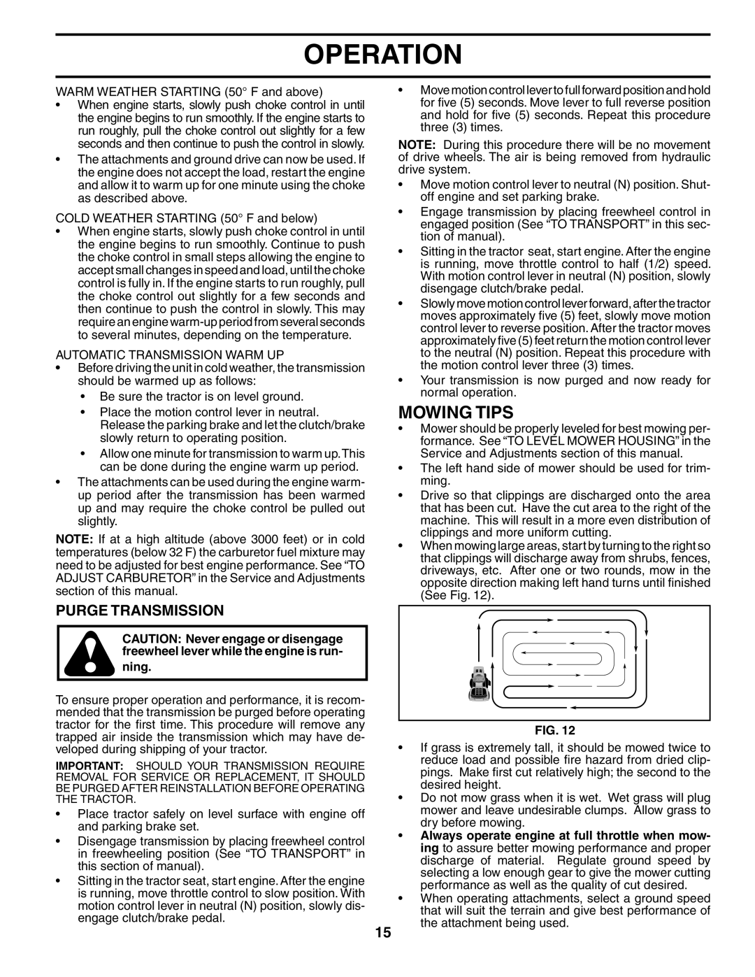 Husqvarna YTH2748 owner manual Mowing Tips, Purge Transmission, Automatic Transmission Warm UP 