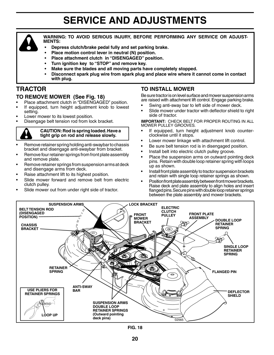 Husqvarna YTH2748 owner manual Service and Adjustments, To Remove Mower See Fig, To Install Mower 