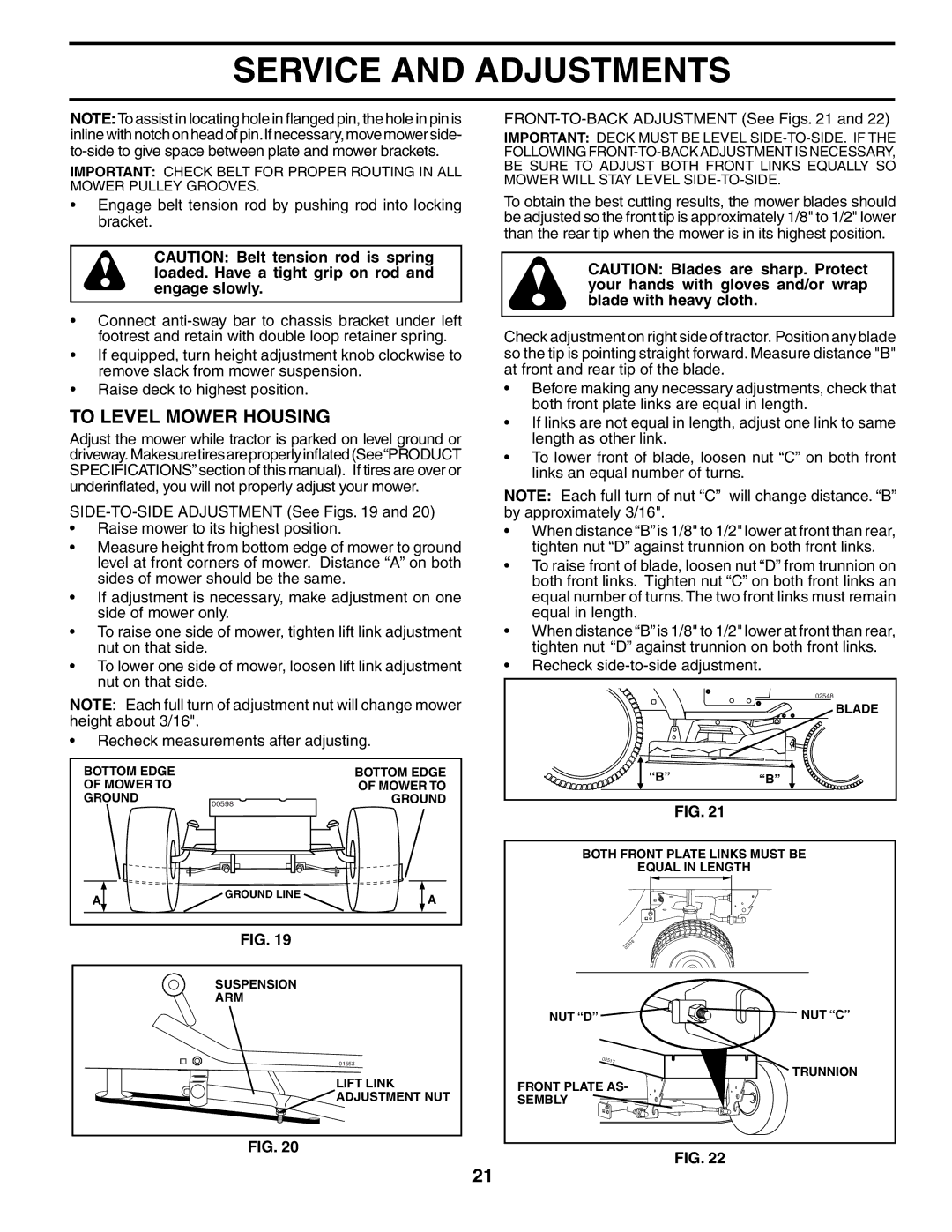 Husqvarna YTH2748 owner manual To Level Mower Housing, FRONT-TO-BACK Adjustment See Figs 