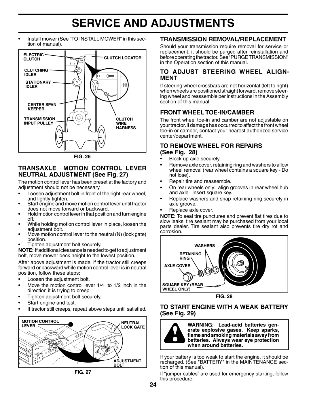 Husqvarna YTH2748 Transmission REMOVAL/REPLACEMENT, To Adjust Steering Wheel ALIGN- Ment, Front Wheel TOE-IN/CAMBER 