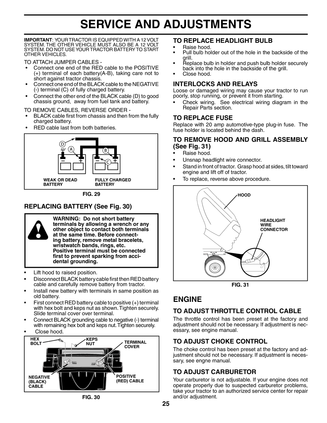 Husqvarna YTH2748 To Replace Headlight Bulb, Interlocks and Relays, To Replace Fuse, To Adjust Throttle Control Cable 