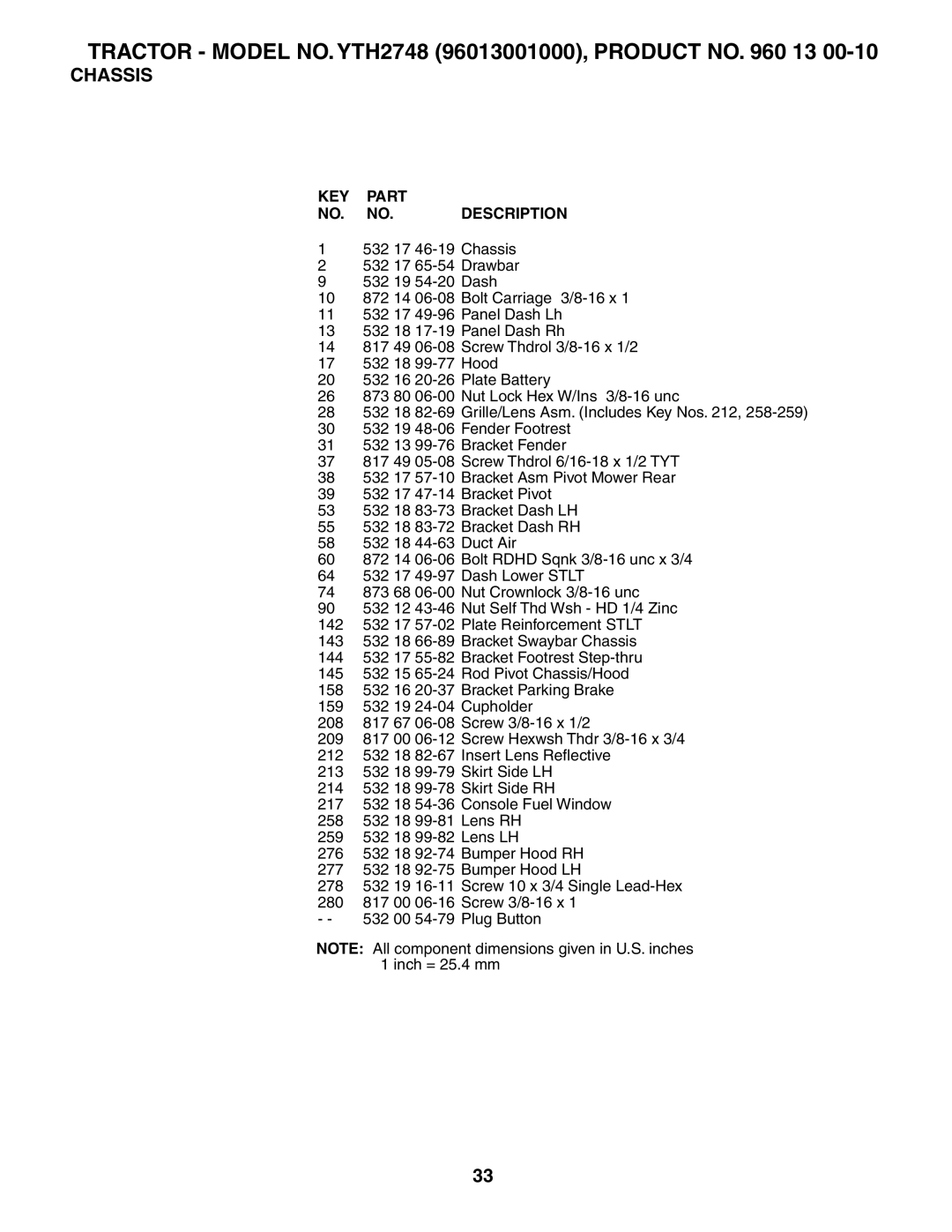 Husqvarna owner manual Tractor Model NO. YTH2748 96013001000, Product no 13 