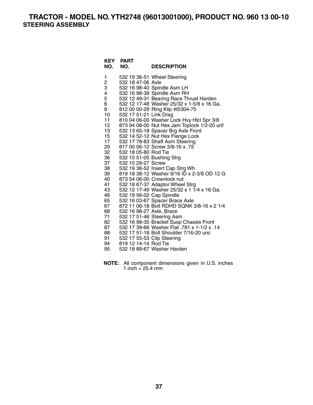 Husqvarna owner manual Tractor Model NO. YTH2748 96013001000, Product no 13 