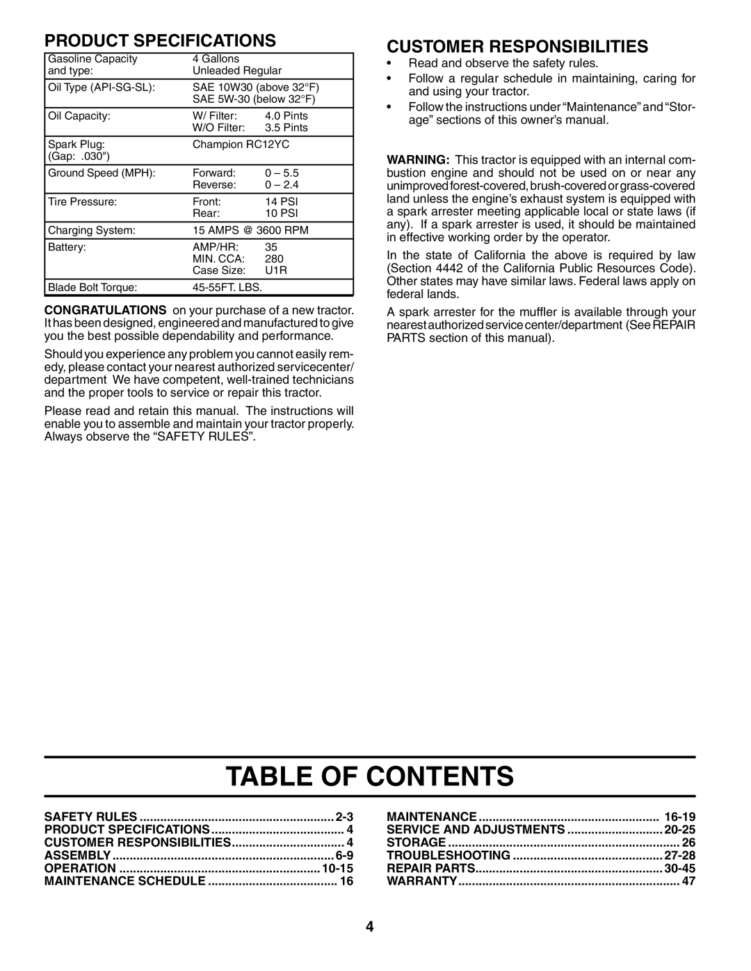 Husqvarna YTH2748 owner manual Table of Contents 