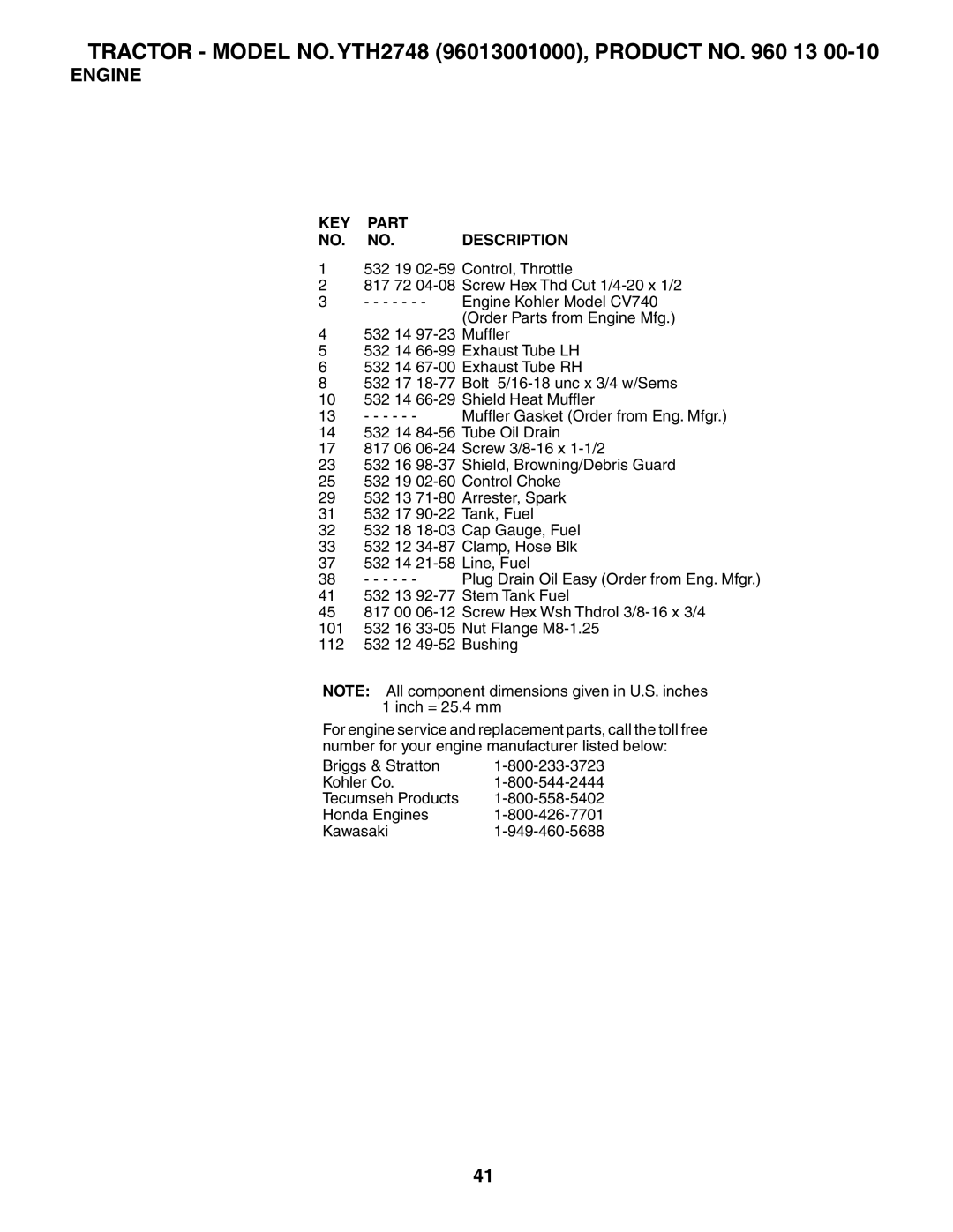 Husqvarna owner manual Tractor Model NO. YTH2748 96013001000, Product no 13 