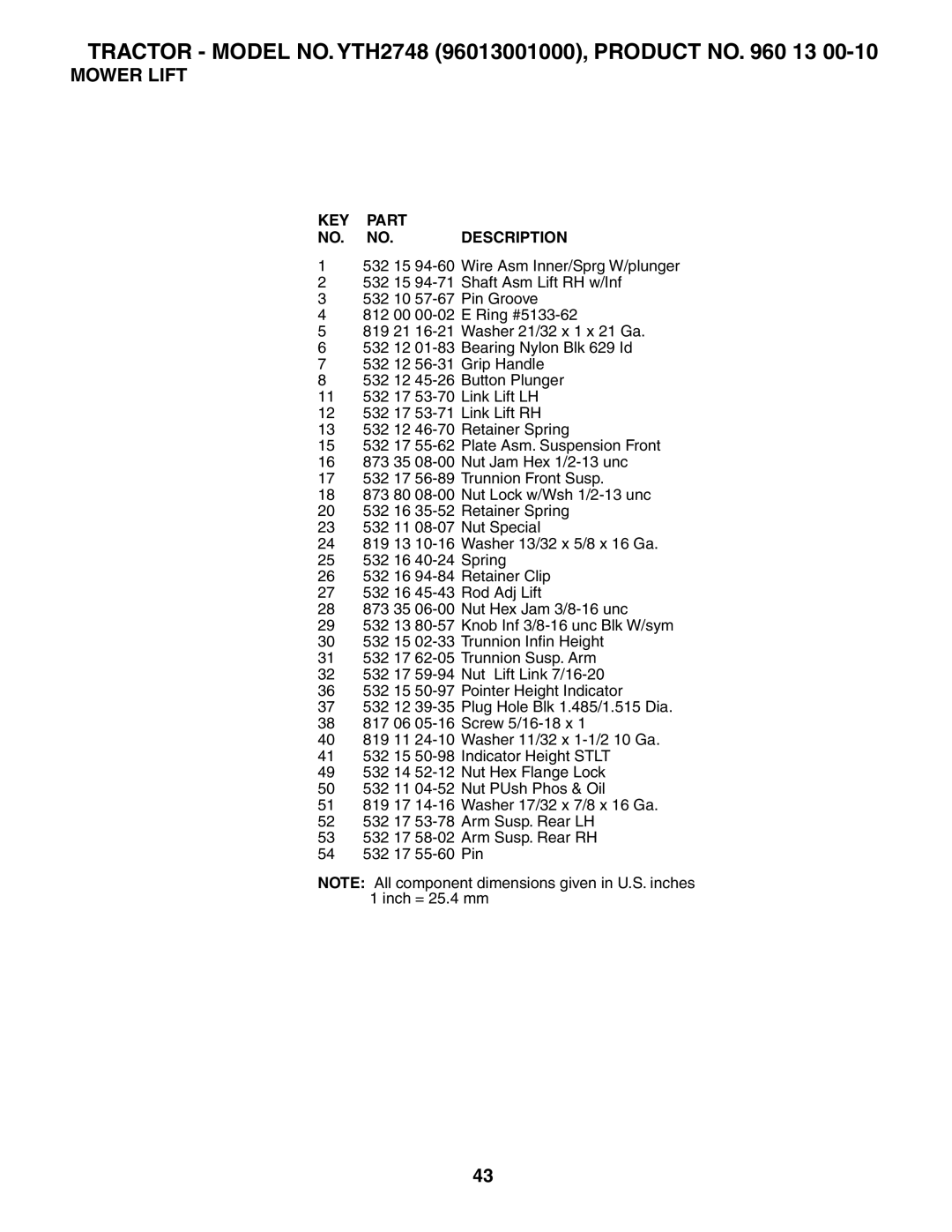 Husqvarna owner manual Tractor Model NO. YTH2748 96013001000, Product no 13 