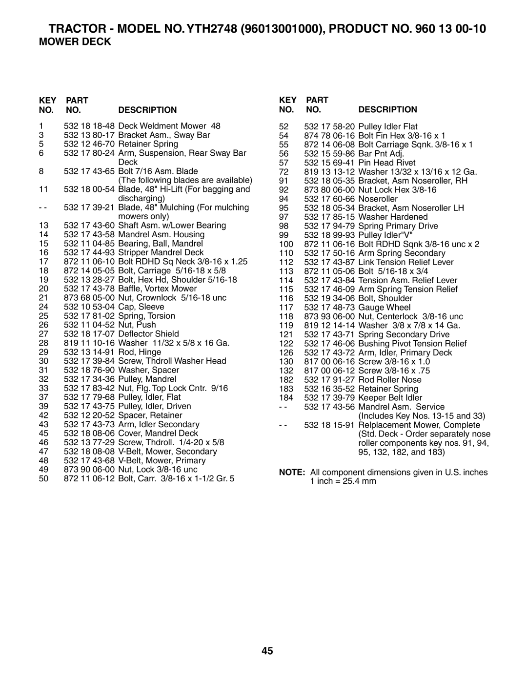 Husqvarna owner manual Tractor Model NO. YTH2748 96013001000, Product no 13 