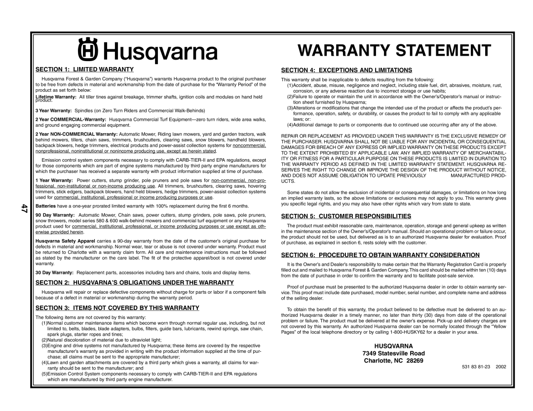 Husqvarna YTH2748 owner manual Warranty Statement 