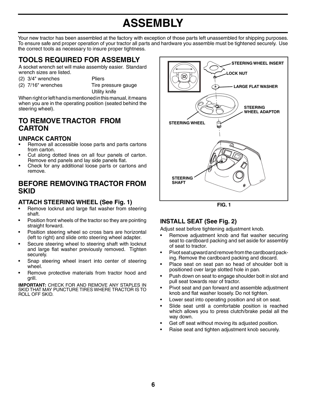 Husqvarna YTH2748 Tools Required for Assembly, To Remove Tractor from Carton, Before Removing Tractor from Skid 