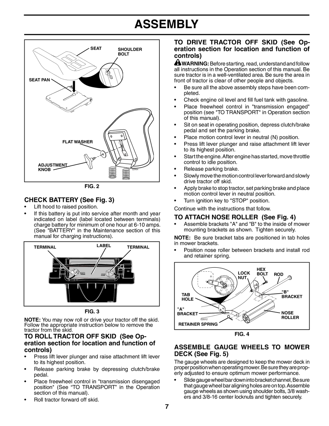 Husqvarna YTH2748 Check Battery See Fig, To Attach Nose Roller See Fig, Assemble Gauge Wheels to Mower Deck See Fig 