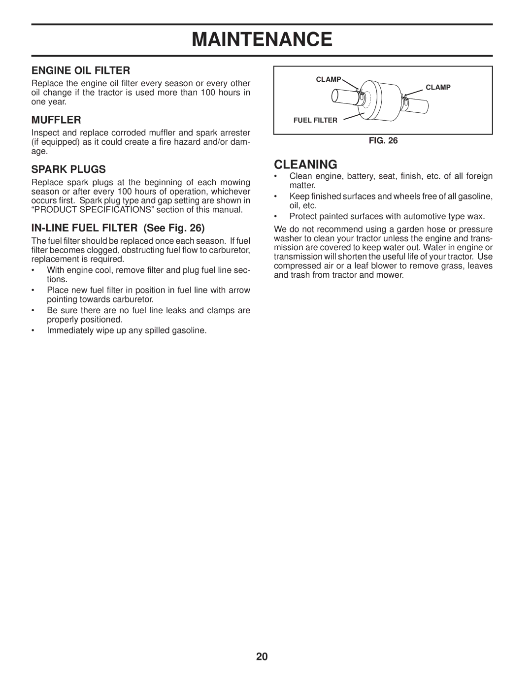 Husqvarna YTH2754 TWIN owner manual Cleaning, Engine OIL Filter, Muffler, Spark Plugs, IN-LINE Fuel Filter See Fig 