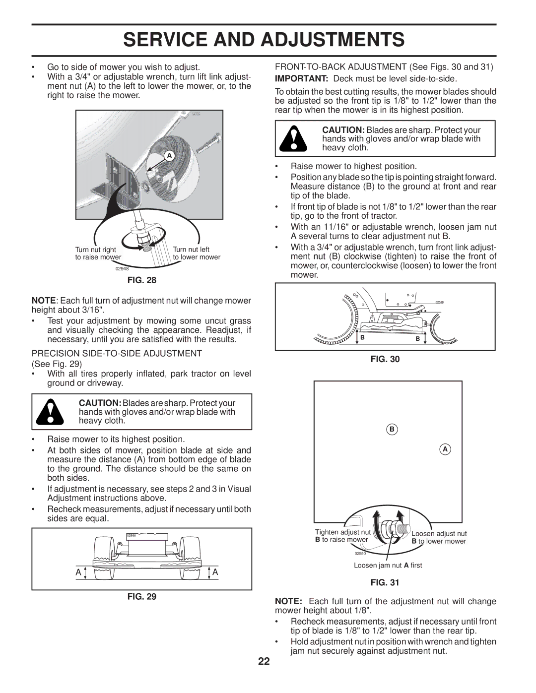 Husqvarna YTH2754 TWIN owner manual Turn nut right Turn nut left To raise mower 