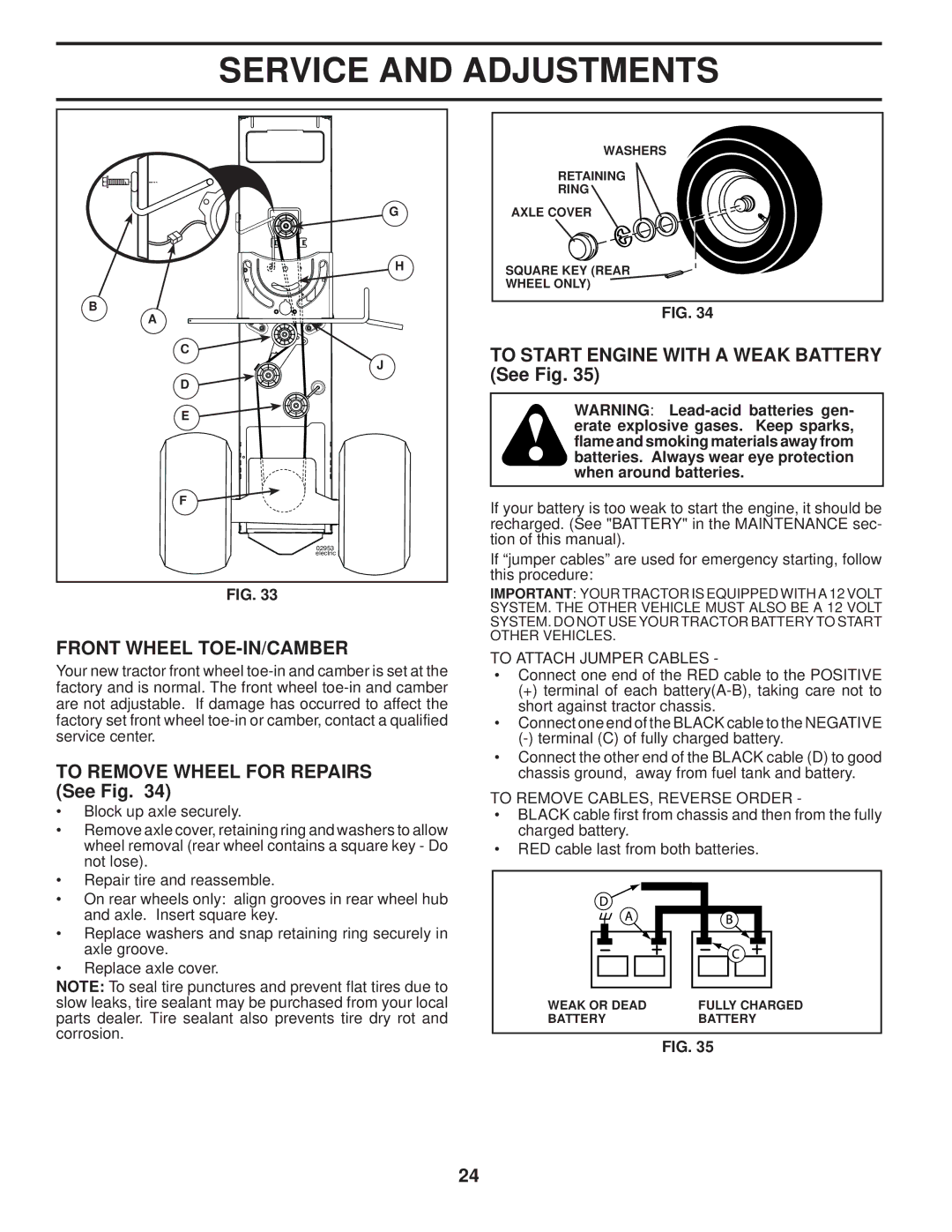 Husqvarna YTH2754 TWIN owner manual Front Wheel TOE-IN/CAMBER, To Remove Wheel for Repairs See Fig, To Attach Jumper Cables 