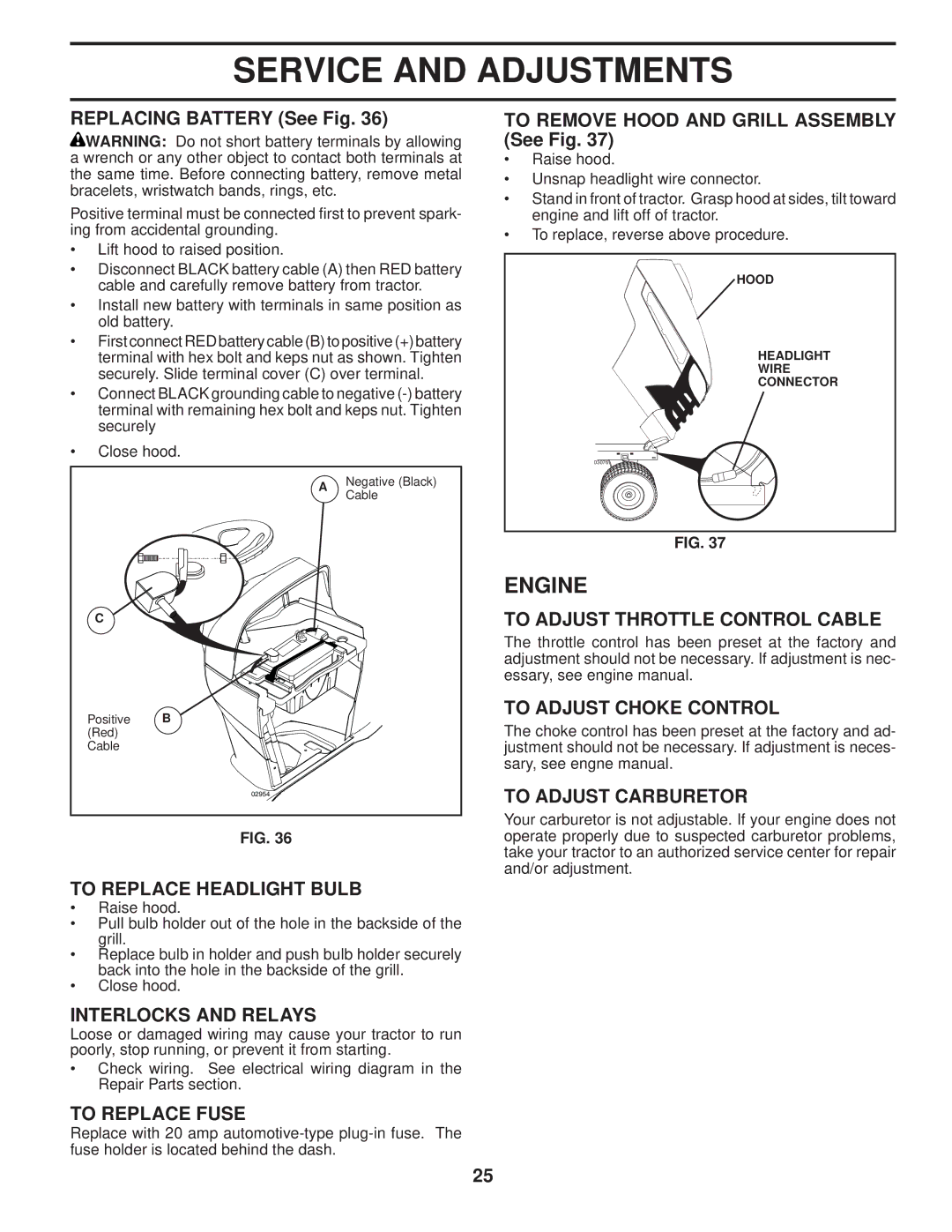 Husqvarna YTH2754 TWIN To Replace Headlight Bulb, Interlocks and Relays, To Replace Fuse, To Adjust Throttle Control Cable 