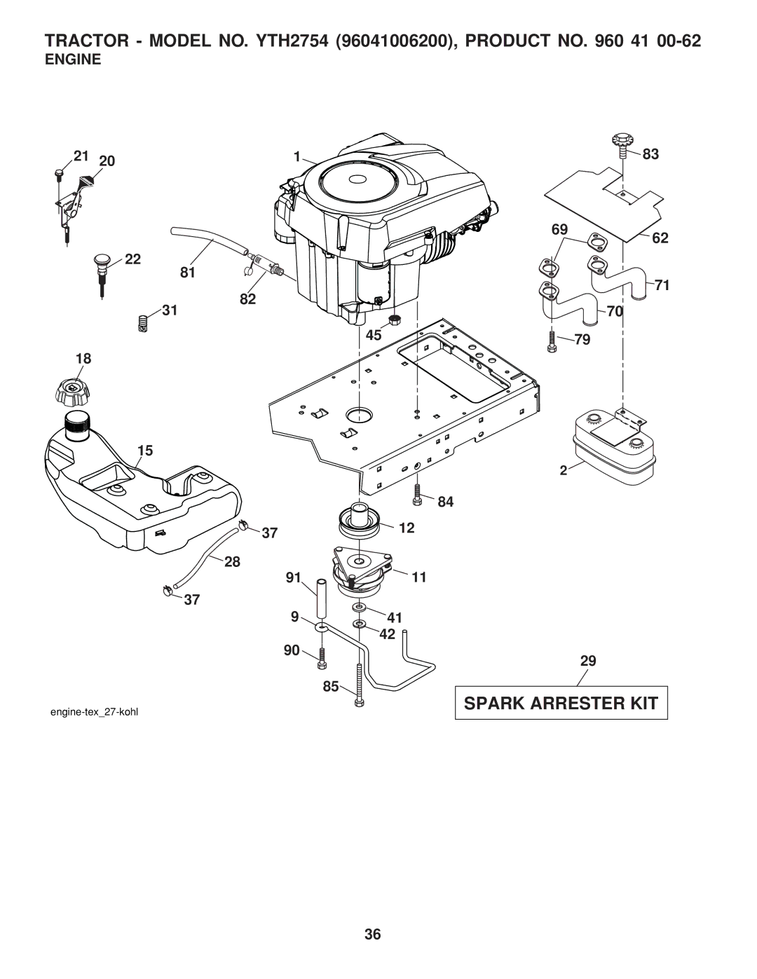 Husqvarna YTH2754 TWIN owner manual Spark Arrester KIT, Engine 