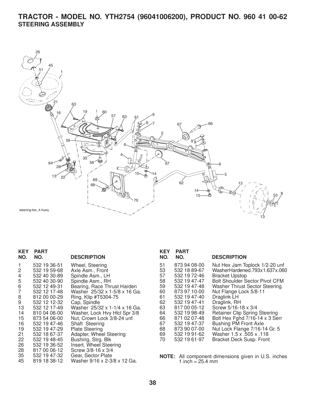 Husqvarna YTH2754 TWIN owner manual Steering Assembly 