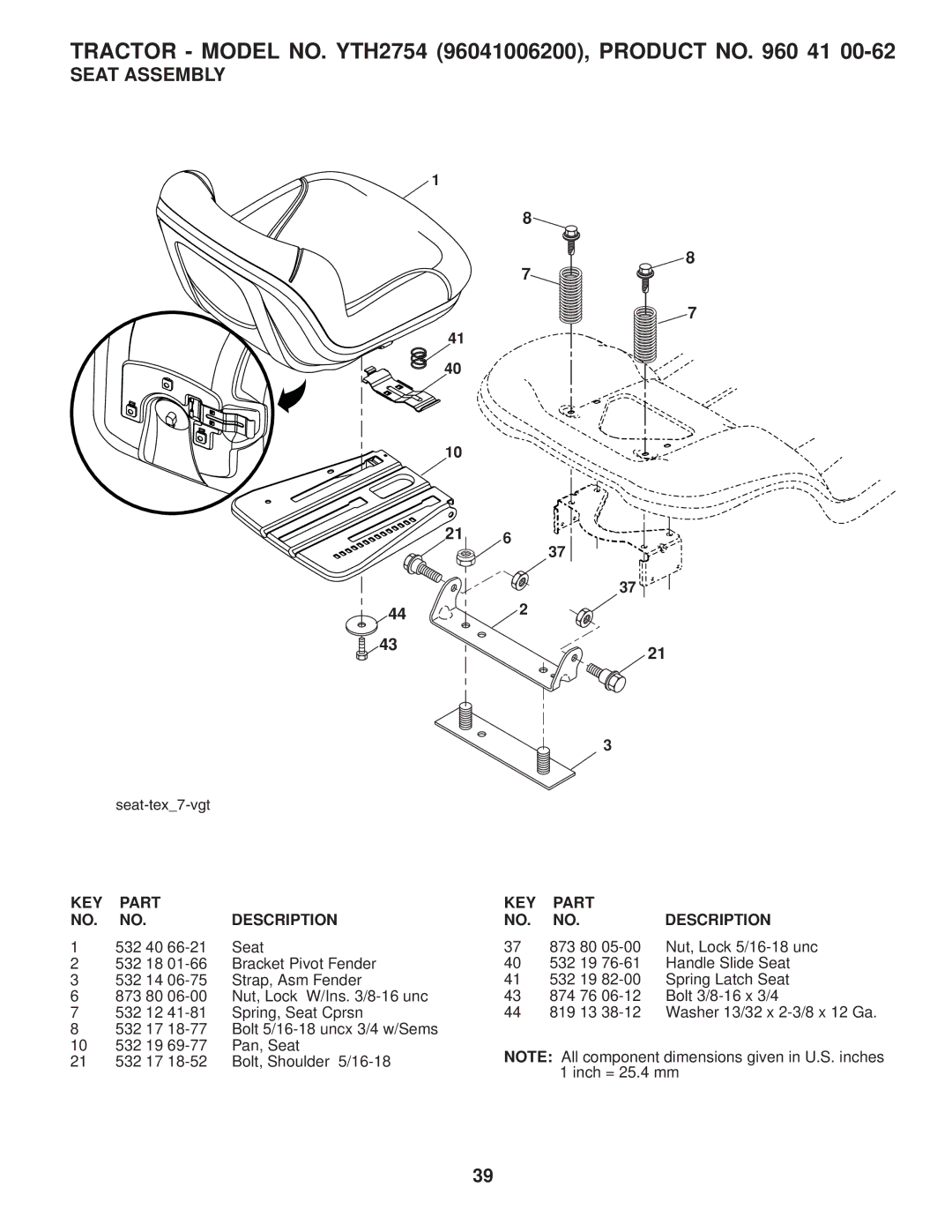 Husqvarna YTH2754 TWIN owner manual Seat Assembly, 532 40 Seat 