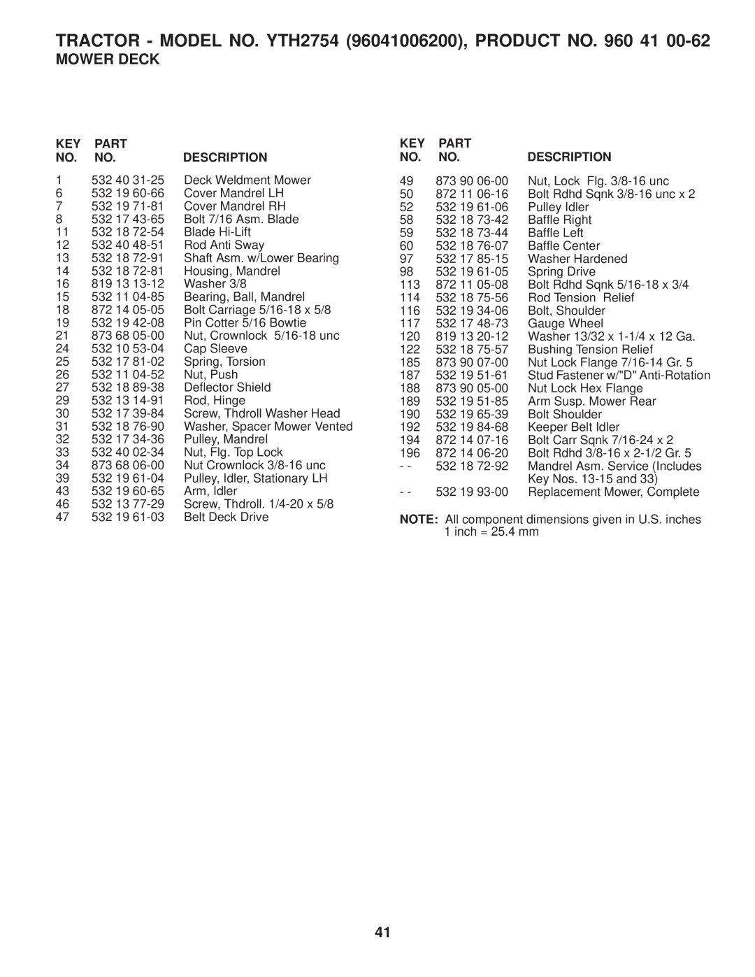 Husqvarna YTH2754 TWIN owner manual 532 40 31-25 Deck Weldment Mower 