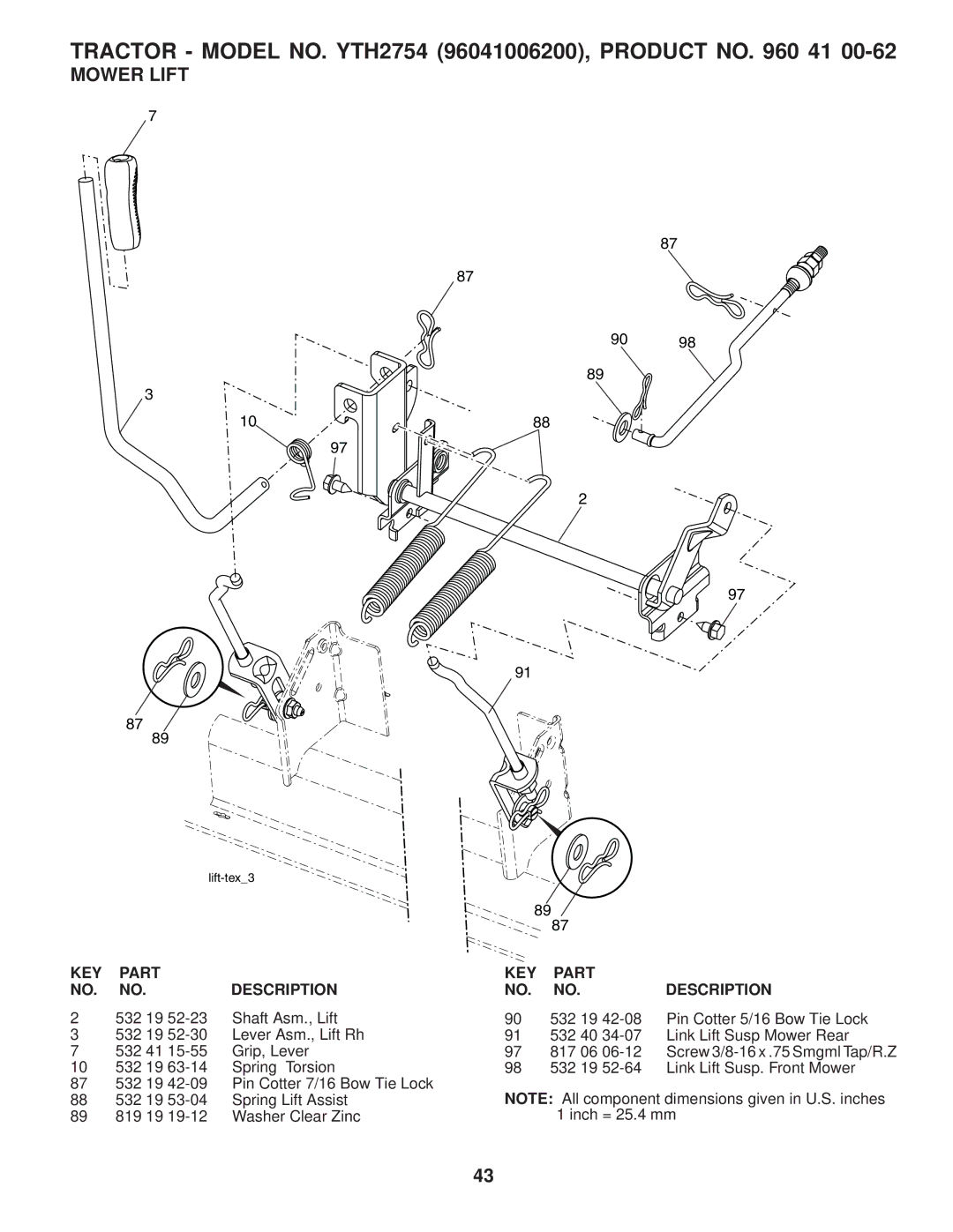 Husqvarna YTH2754 TWIN owner manual Mower Lift 