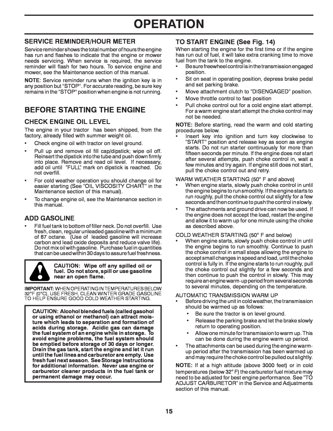 Husqvarna YTH2754T manual Before Starting The Engine, Service Reminder/Hour Meter, Check Engine Oil Level, Add Gasoline 