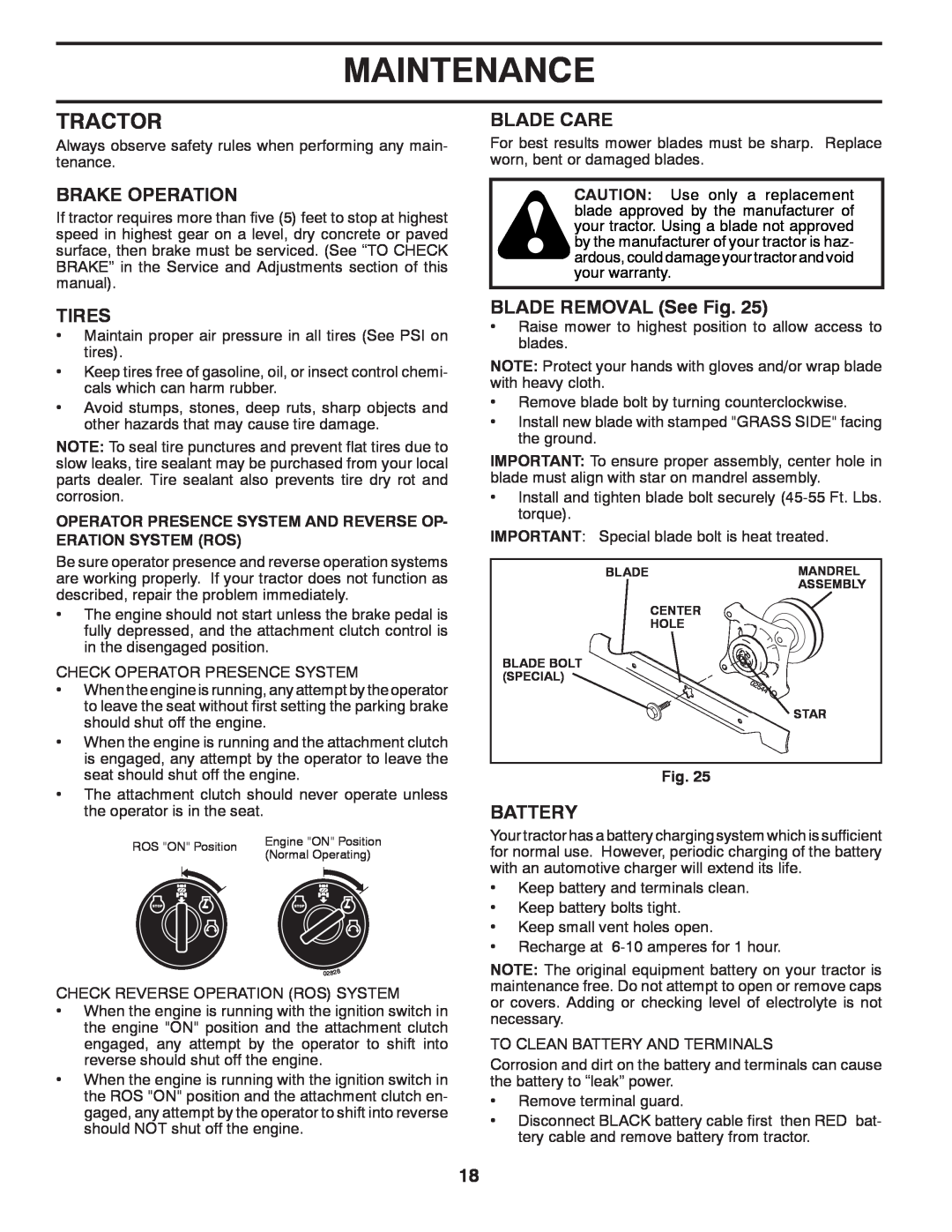 Husqvarna YTH2754T manual Tractor, Brake Operation, Tires, Blade Care, BLADE REMOVAL See Fig, Battery, Maintenance 