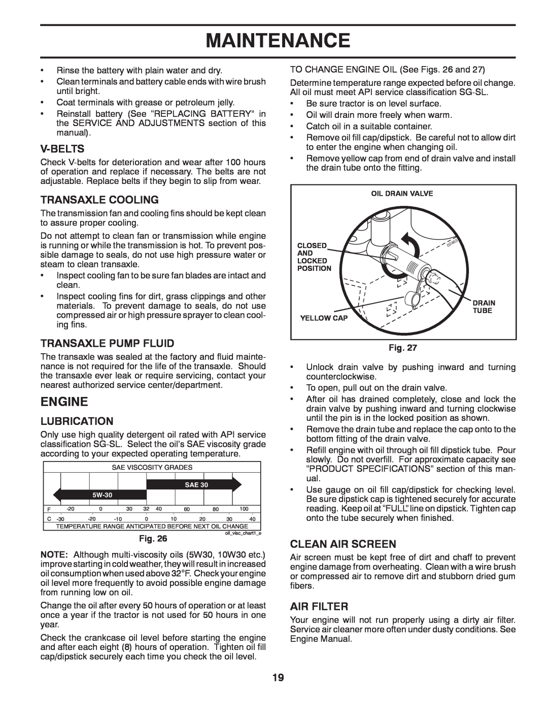 Husqvarna YTH2754T Engine, V-Belts, Transaxle Cooling, Transaxle Pump Fluid, Lubrication, Clean Air Screen, Air Filter 