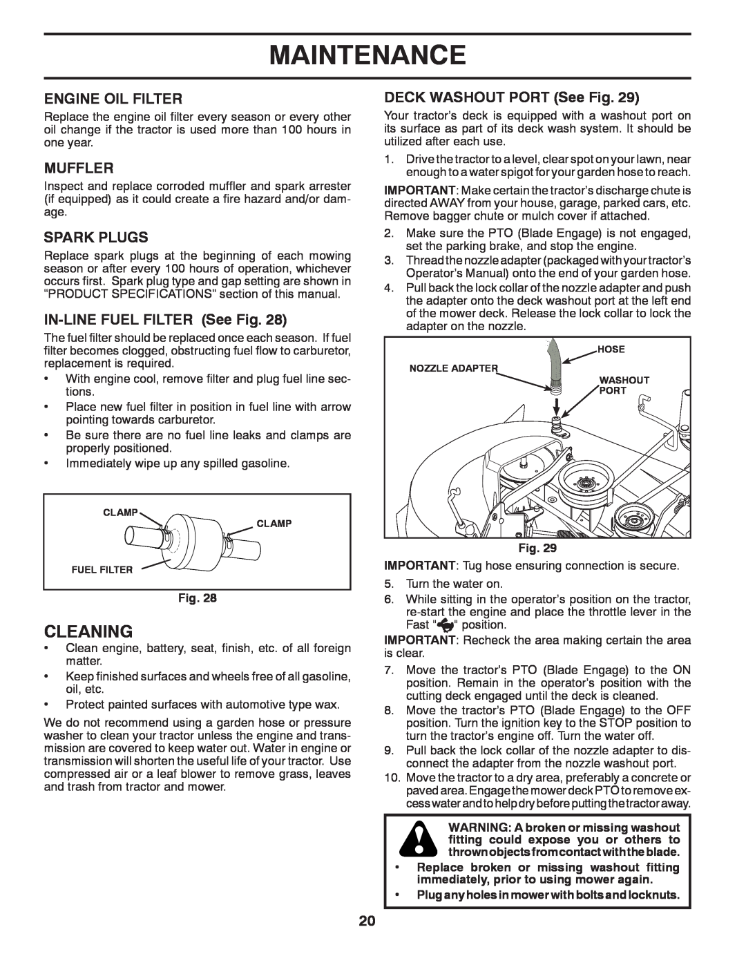 Husqvarna YTH2754T manual Cleaning, Engine Oil Filter, Muffler, Spark Plugs, IN-LINEFUEL FILTER See Fig, Maintenance 