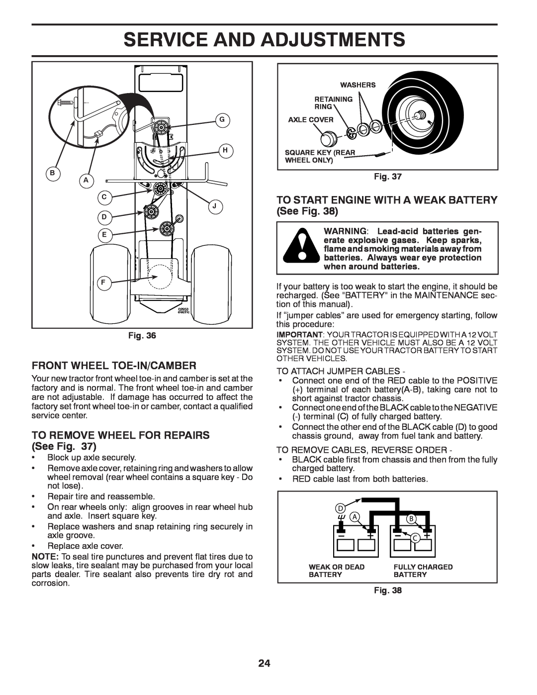 Husqvarna YTH2754T manual Front Wheel Toe-In/Camber, TO REMOVE WHEEL FOR REPAIRS See Fig, Service And Adjustments 