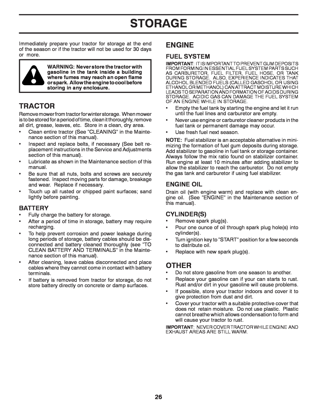 Husqvarna YTH2754T manual Storage, Other, Fuel System, Engine Oil, Cylinders, Tractor, Battery 