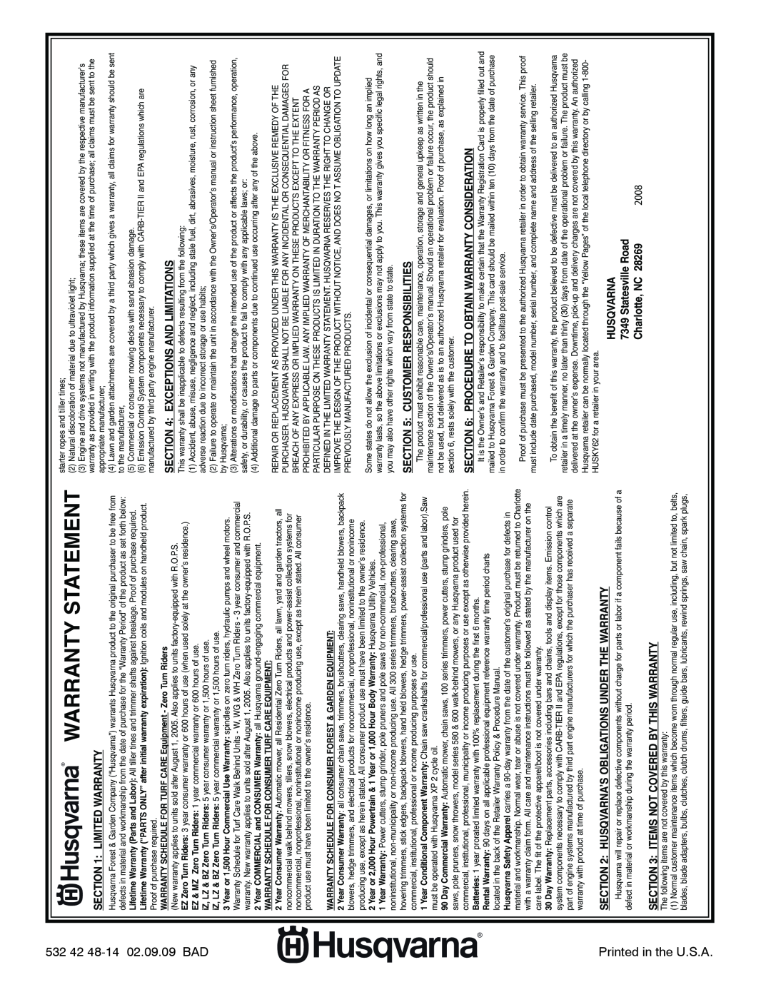 Husqvarna YTH2754T manual Warranty Statement, 2008, Charlotte, NC 