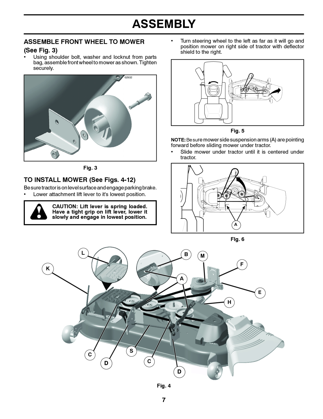 Husqvarna YTH2754T manual ASSEMBLE FRONT WHEEL TO MOWER See Fig, TO INSTALL MOWER See Figs, Assembly, Dc D, FIg. LB M, H Cs 