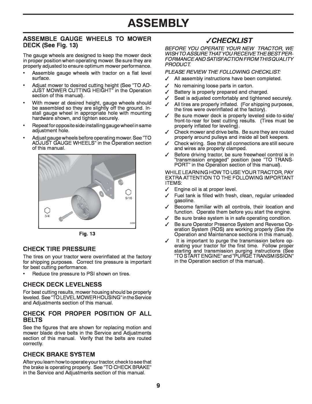 Husqvarna YTH2754T manual ASSEMBLE GAUGE WHEELS TO MOWER DECK See Fig, Check Tire Pressure, Check Deck Levelness, Assembly 