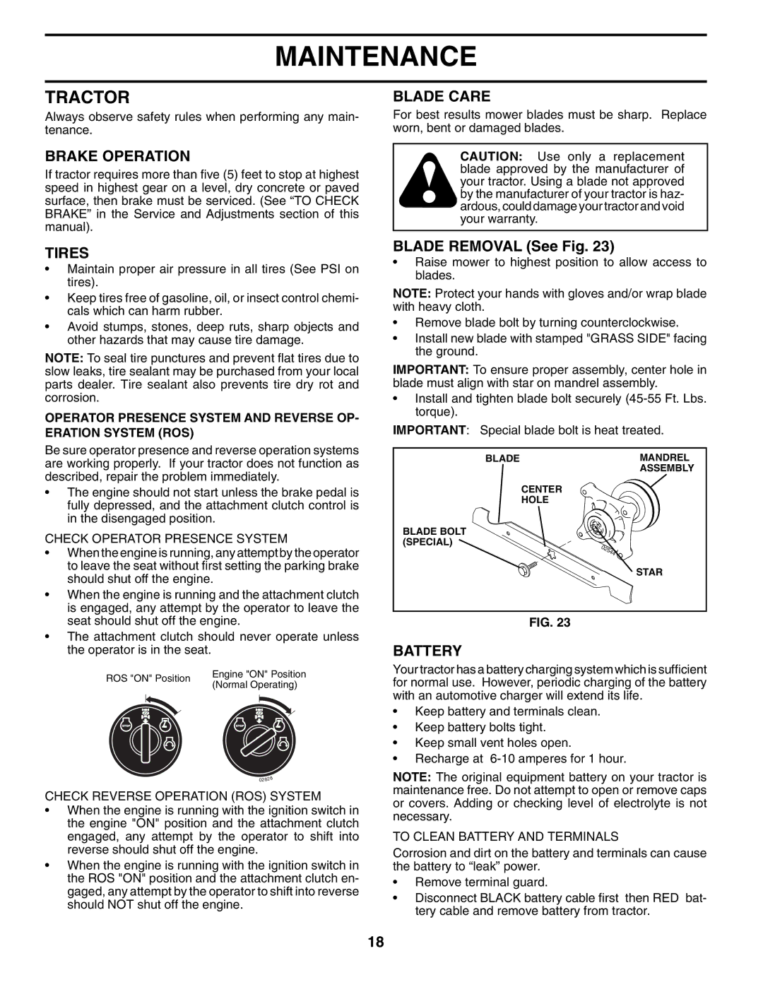 Husqvarna YTH2754XP owner manual Tractor, Brake Operation, Tires, Blade Care, Battery 