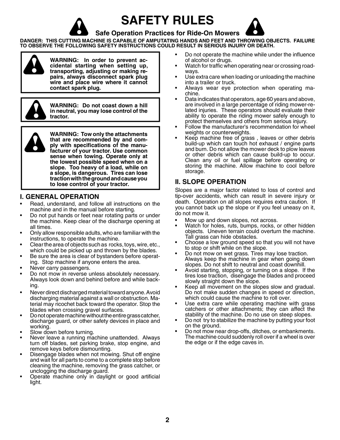 Husqvarna YTH2754XP Safety Rules, Safe Operation Practices for Ride-On Mowers, General Operation, II. Slope Operation 