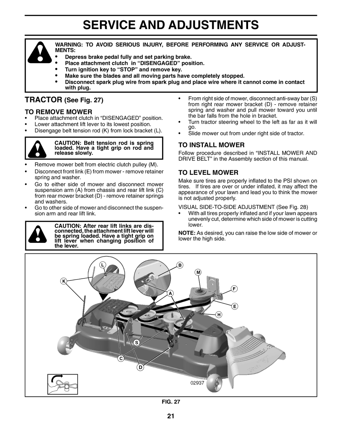 Husqvarna YTH2754XP Service and Adjustments, Tractor See Fig, To Remove Mower, To Install Mower, To Level Mower 