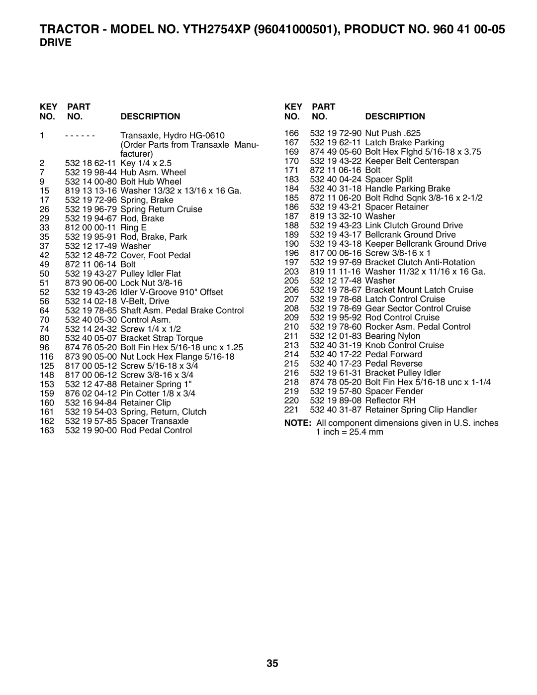 Husqvarna YTH2754XP owner manual KEY Part Description 