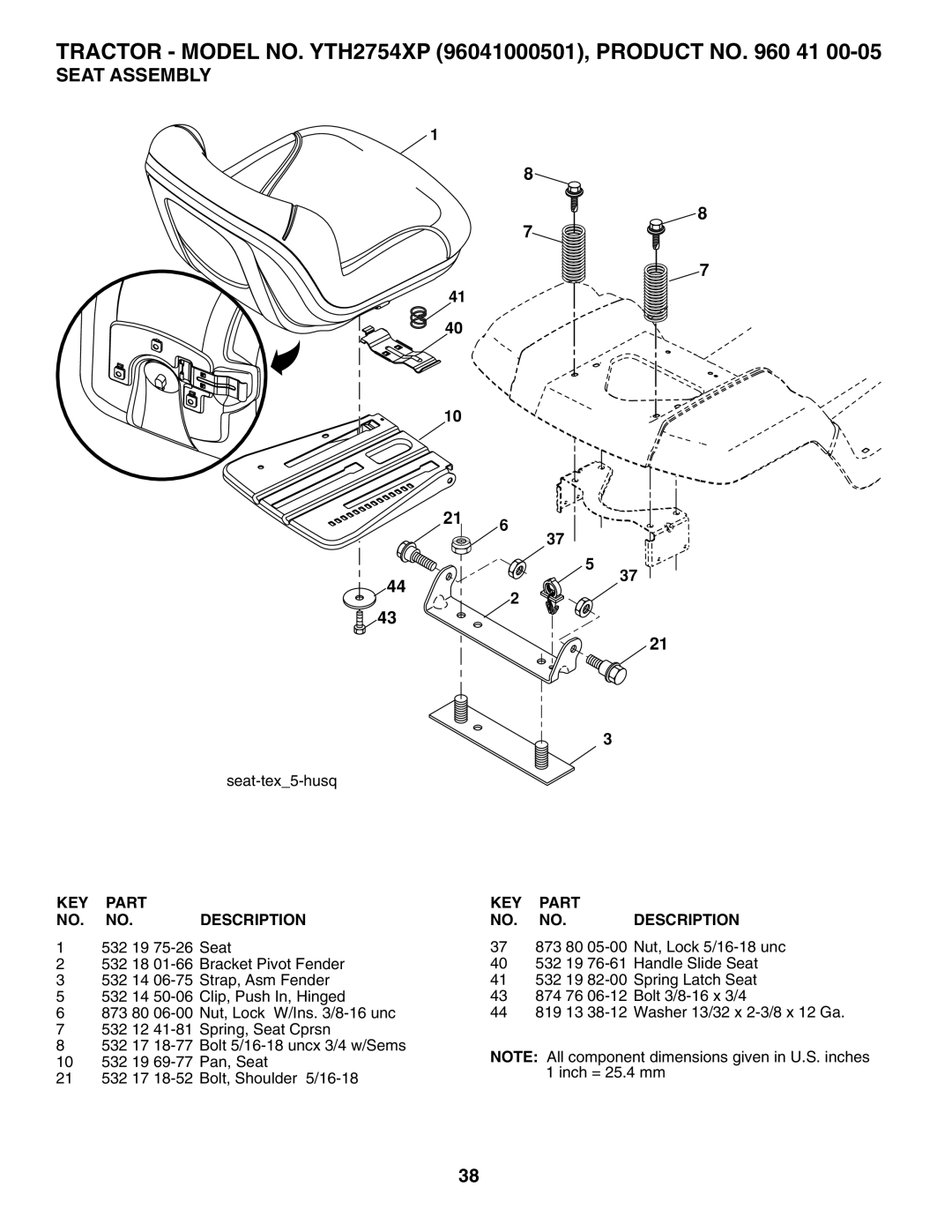 Husqvarna YTH2754XP owner manual Seat Assembly 